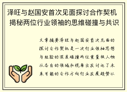 泽旺与赵国安首次见面探讨合作契机 揭秘两位行业领袖的思维碰撞与共识